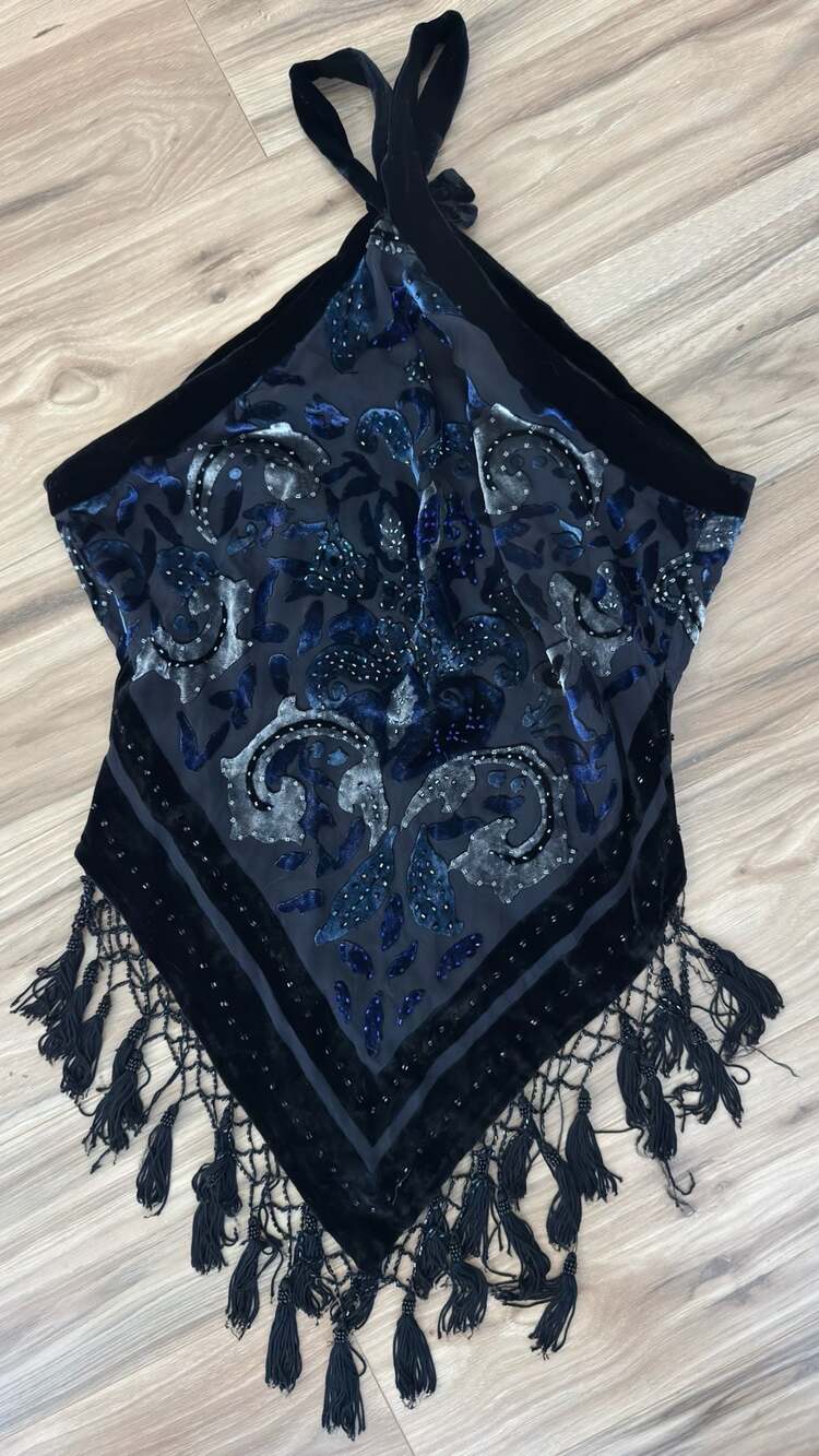 Cache Velvet Halter Top Size L Blue Black Beaded Fringe Sheer Overlay